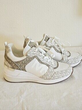 Michael Kors White and Tan MK Logo Wedge Sneakers NWT